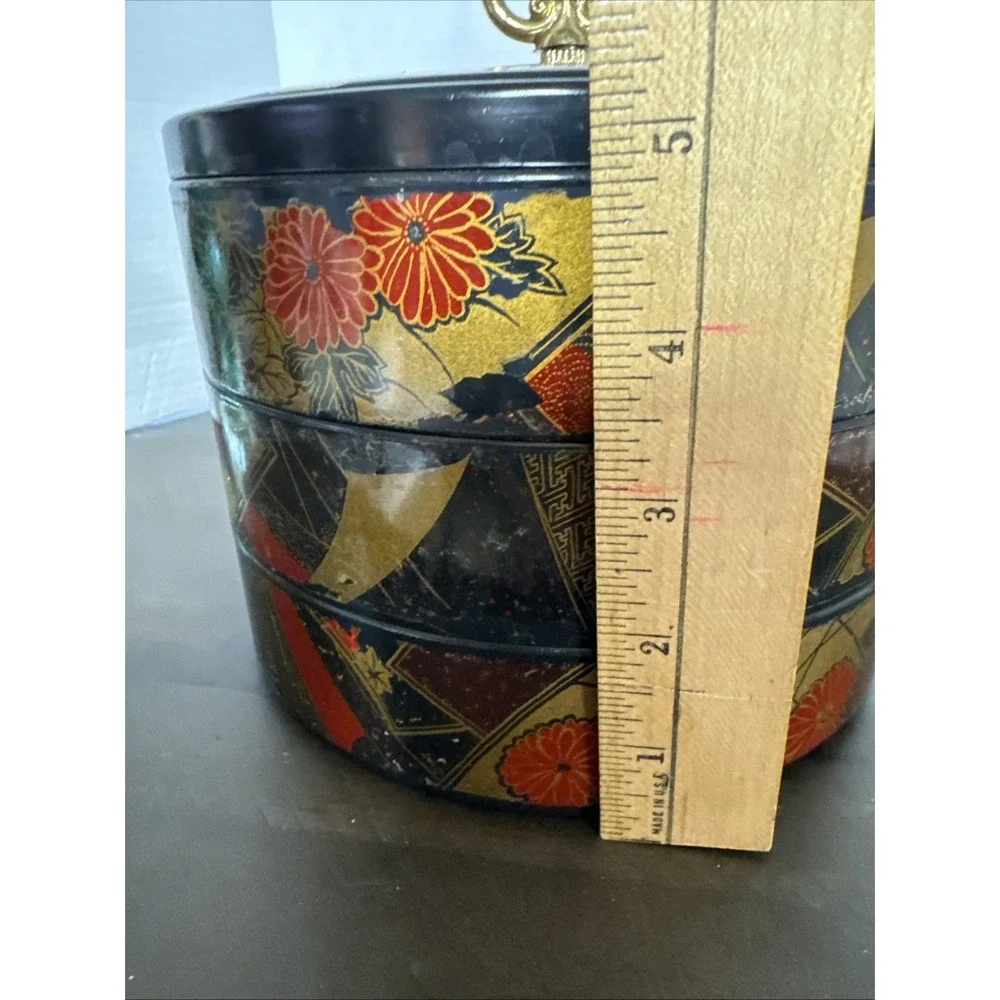 VTG Japanese Porcelain Bento Lunch Box Stacking 3 Tier Jubako Bowls Brass Lid